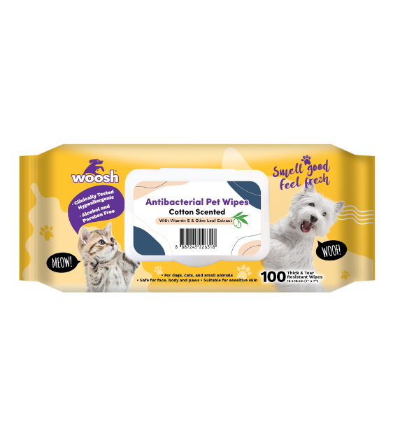 Woosh Antibacterial Pet Wipes with Vitamin E & Olive Leaf Extract (Cotton Scented)
