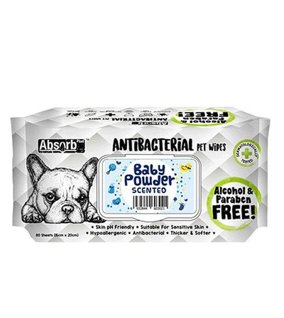 Absorb Plus Antibacterial Alcohol & Paraben Free Pet Wipes (Baby Powder, 80pcs)