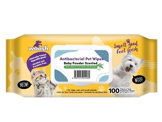 Woosh Antibacterial Pet Wipes with Vitamin E & Olive Leaf Extract (Baby Powder Scented)