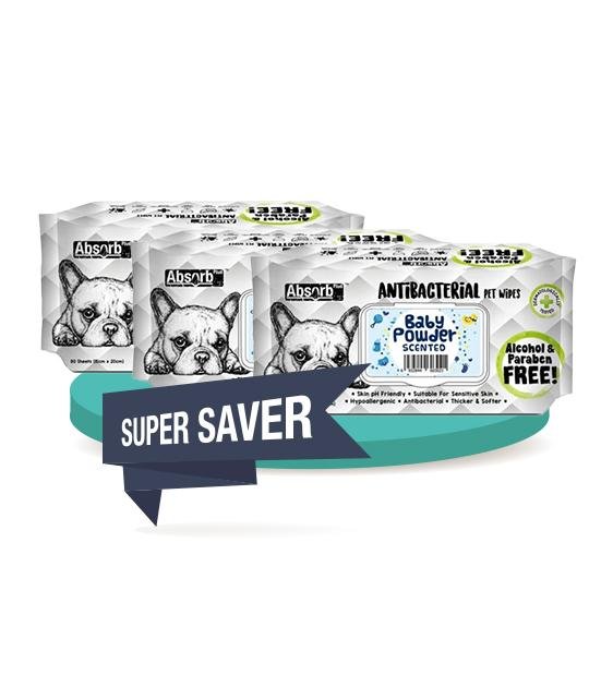 Absorb Plus Antibacterial Wipes For Dogs & Cats 80pc (3-Pack Saver Bundle)