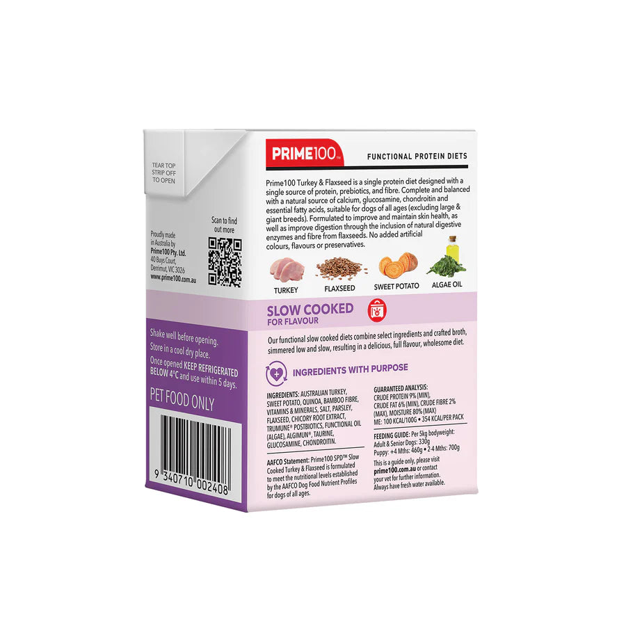 Prime100 SPD Single Protein Diets Slow Cooked Wet Dog Food (Turkey & Flaxseed)