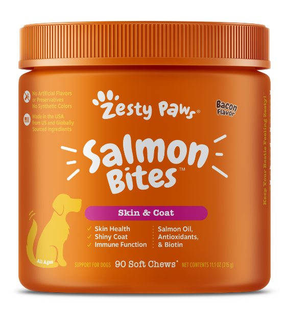$55 ONLY [CLEARANCE]: Zesty Paws Salmon Bites Skin Supplements for Dogs (Bacon Flavour)