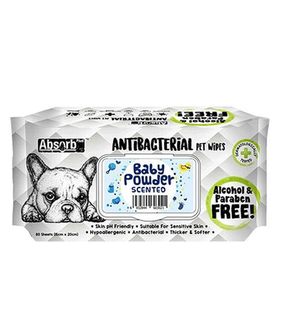 Absorb Plus Antibacterial Wipes For Dogs & Cats 80pc (Baby Powder)