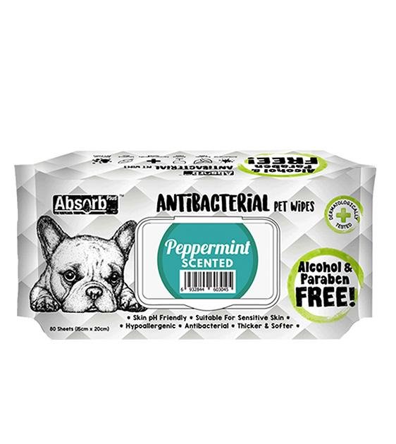 Absorb Plus Antibacterial Wipes For Dogs Cats 80pc Peppermint