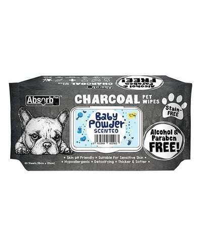 Absorb Plus Charcoal Wipes For Dogs & Cats 80pc (Baby Powder)