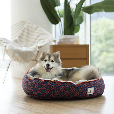 Ohpopdog Peranakan Inspired Baba Navy 150 Reversible Dog Bed with Dog
