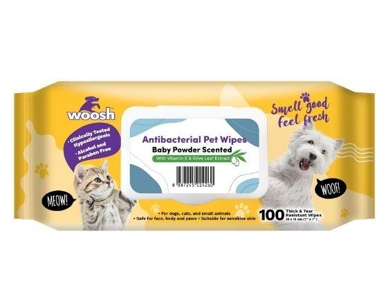 Woosh's Antibacterial Wipes Baby Powder Scented for Dogs & Cats (100 Sheets)